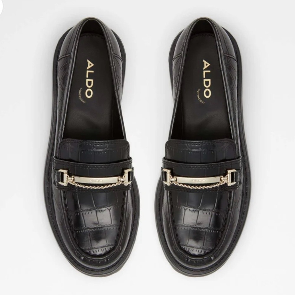 Black Loafers with Embossed Crocodile and Goldtone Metal Detail